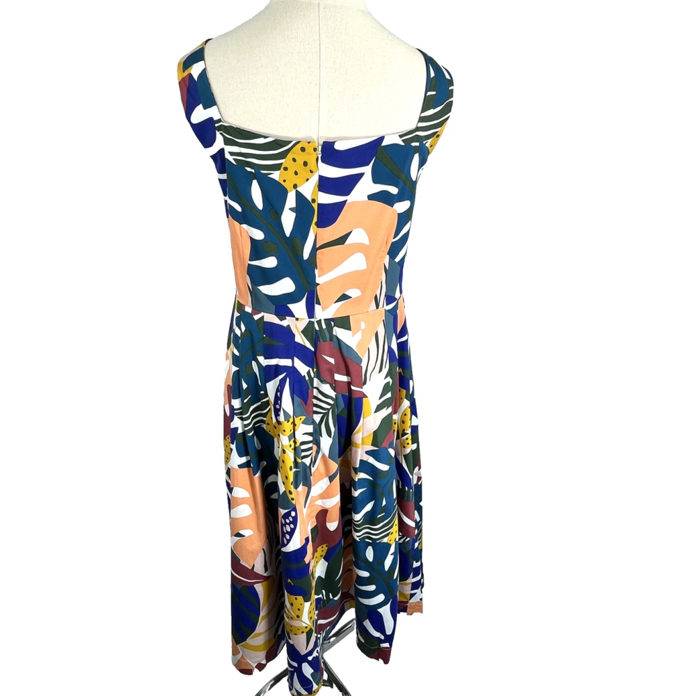 Boden Dress Womens 12 Multicolor Tropical Leaf Print Sleeveless Fit Flare Resort - Picture 3 of 16